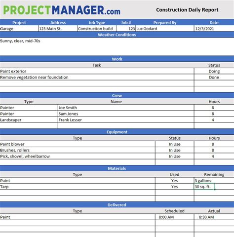 construction daily report template excel free